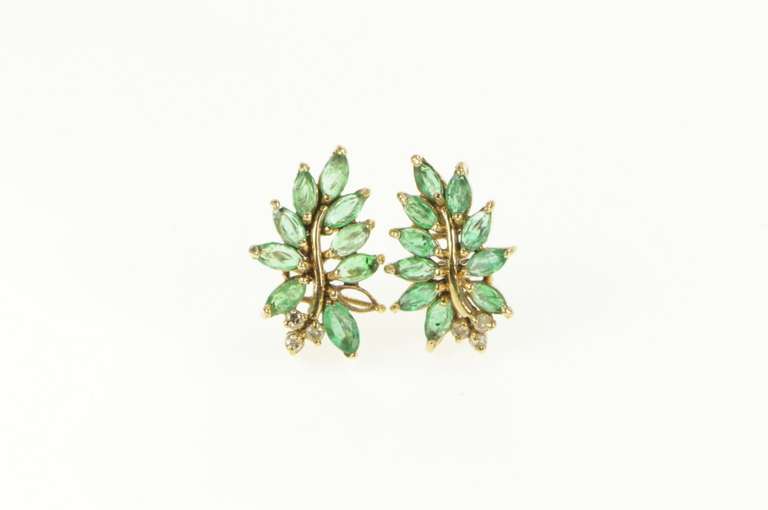 14K Yellow Gold Marquise Emerald Diamond Wavy Cluster Earrings
