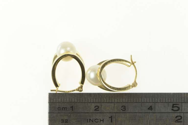 14K Yellow Gold Pearl Split Oval Hoop Vintage Statement Earrings