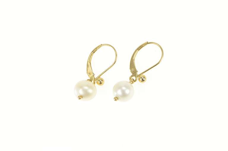 14K Yellow Gold Pearl Inset Classic Dangle Lever Back Earrings