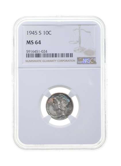 MS64 1945-S Mercury Silver Dime - Graded NGC