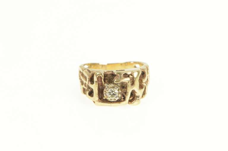 14K Yellow Gold 1960's Diamond Raw Textured Nugget Squared Ring