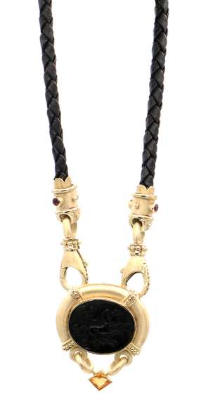 Multi Gemstone Cameo Fancy Cord Pendant Necklace in 14K