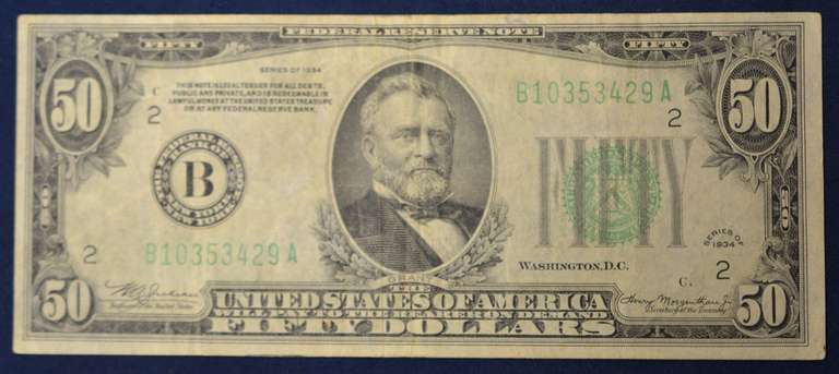 Series 1934 $50 Federal Reserve Note, Circulated.
