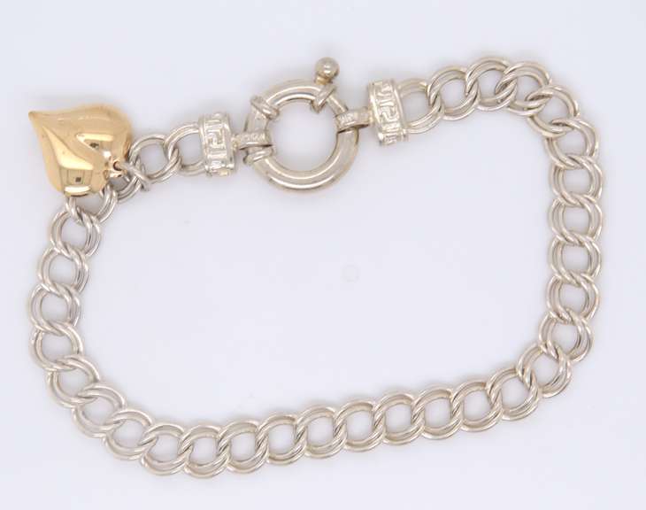 Vintage 925 Sterling Silver Double Link Charm Bracelet with Heart Shaped Charm