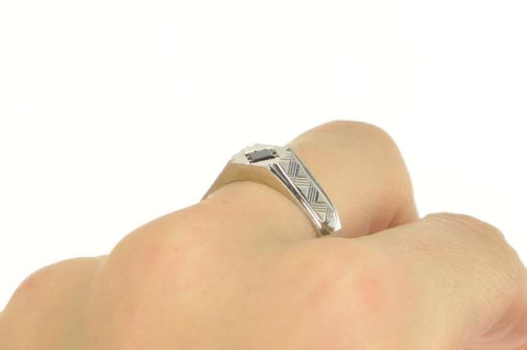 18K White Gold 1940's Syn. Sapphire Squared Men's Grooved Ring