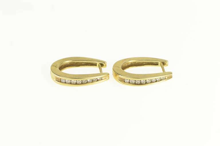 14K Yellow Gold Oval Diamond Inset Fashion Hoop Earrings