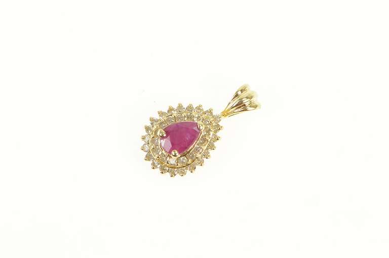 14K Yellow Gold Natural Pear Cut Ruby Diamond Halo Vintage Pendant