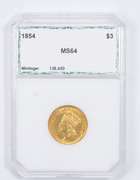 MS64 1854 $3.00 Indian Princess Head Three-Dollar Gold Piece - PCI