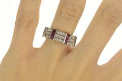 14K White Gold 1950's Princess Ruby Diamond Cluster Band Ring