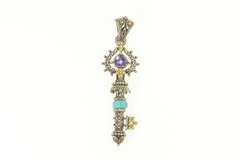 Sterling Silver Elaborate Amethyst Turquoise Skeleton Key 14K Pendant