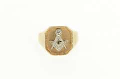 14K Yellow Gold G Masonic Diamond Compass Square Men's Ring