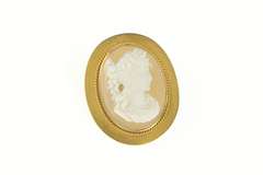 14K Yellow Gold Ornate Oval Carved Agate Cameo Statement Pin/Brooch