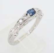 14k White Gold Blue Sapphire and Diamond Carved Ring