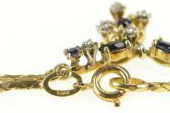 9K Yellow Gold Sapphire Diamond Round Cluster Square Chain Necklace