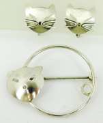 Vintage Signed Sterling Cat Pin & Earrings