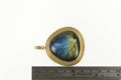 14K Yellow Gold Labradorite Cabochon Grooved Trim Vintage Pendant