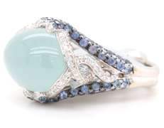 New 12.20ct Chalcedony 1.84ctw Sapphire and 0.88ctw Diamond Frame Ring in 18K