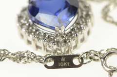 10K White Gold Heart Syn. Sapphire Diamond Halo Chain Necklace