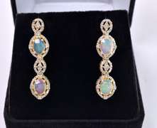 Brilliant 1.50CTW Opal W/ Fire & 1.80CTW Diamond Dangle Earrings in Gold Plated Sterling Silver