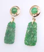 Vintage Yellow Gold Carved Jade Dangle Earrings