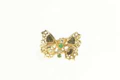 10K Yellow Gold Diamond Emerald Ornate Retro 3D Butterfly Ring