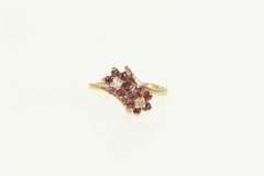 10K Yellow Gold Diamond Ruby Flower Cluster Bypass Ring