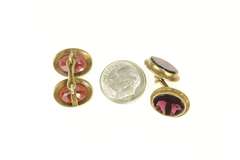 14K Yellow Gold Victorian Oval Garnet Scroll Engraved Cuff Links