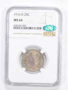 MS64 CAC 1916-D Barber Quarter - Graded NGC