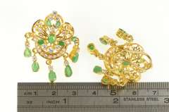 22K Yellow Gold Natural Emerald CZ Encrusted Fringe Statement Earrings