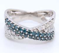 Powerful White Gold Ir Teal and White Diamond Crossover Ring