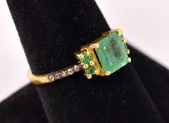 Brilliant 1.34CTW Emerald & 0.08CTW Diamond Ring in Gold Plated Sterling Silver