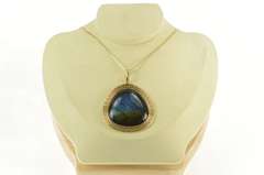 14K Yellow Gold Labradorite Cabochon Grooved Trim Vintage Pendant