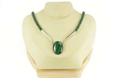 Sterling Silver Oval Malachite Cabochon Southwestern Beaded Necklace