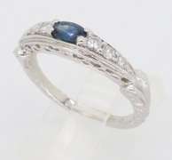 14k White Gold Blue Sapphire and Diamond Carved Ring