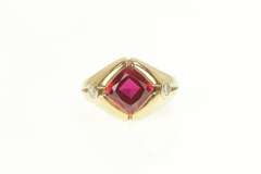 14K Yellow Gold 1960's Cushion Syn. Ruby 0.25 Ctw Diamond Ring