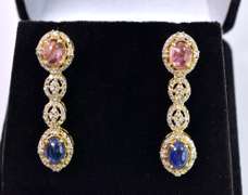 Marvelous 2.25CTW Tourmaline, 2.25CTW Kyanite & 2.00CTW Diamond Dangling Earrings in Gold Plated Sterling Silver