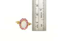 14K Yellow Gold 1.35 Ctw Victorian Natural Opal Ruby Halo Ring