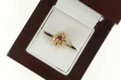 14K Yellow Gold Round Ruby Diamond Halo Retro Statement Ring