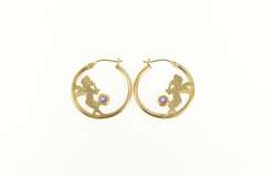 10K Yellow Gold Round Amethyst Cherub Baby Angel Hoop Earrings