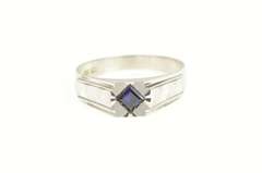 18K White Gold 1940's Syn. Sapphire Squared Men's Grooved Ring