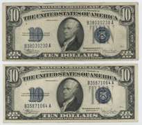 2 Nicer Series of 1934-C $10 Blue Seal Silver Certificates