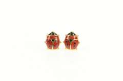 14K Yellow Gold 3D Enamel Lucky Lady Bug Stud Earrings