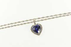10K White Gold Heart Syn. Sapphire Diamond Halo Chain Necklace