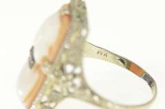 14K White Gold Art Deco Filigree Carved Shell Cameo Diamond Ring