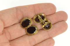 14K Yellow Gold Victorian Oval Garnet Scroll Engraved Cuff Links