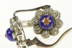 18K White Gold 1940's Blue Enamel Diamond Halo Flower Earrings
