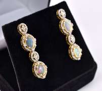 Brilliant 1.50CTW Opal W/ Fire & 1.80CTW Diamond Dangle Earrings in Gold Plated Sterling Silver