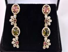 Fantastic 3.50CTW Colorful Tourmaline & 2.50CTW Diamond Foral Dangle Earrings in Gold Plated Sterling Silver