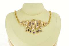 22K Yellow Gold Amethyst CZ Encrusted Collar Cable Chain Necklace