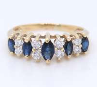 Stunning Yellow Gold Marquise Blue Sapphire and Diamond Pyramid Ring